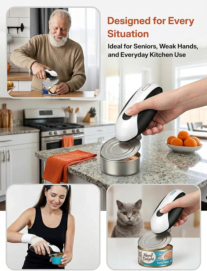 Rechargeable Electric Can Opener, Automatic One-Touch Hands-Free Opener for Seniors with Arthritis, Smooth Safe Edge, Fits Most Can Sizes