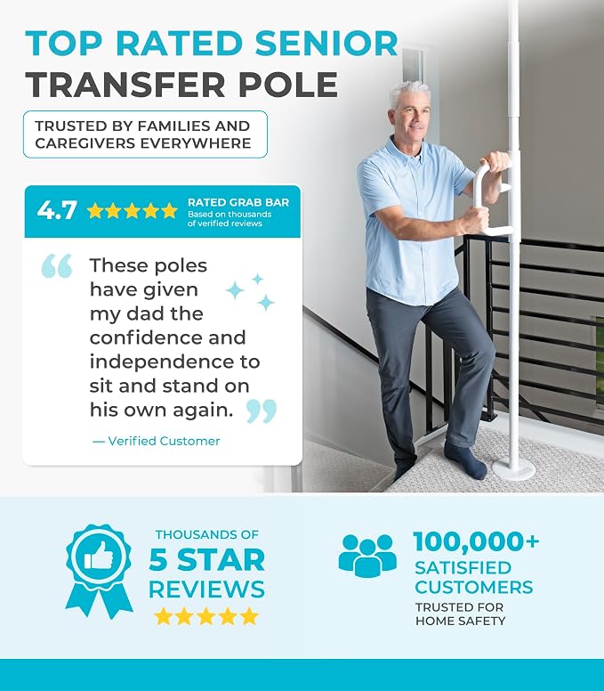 Stander Wonder Pole, Security-Pole and Curve Grab Bar, Tension Mounted Floor to Ceiling Transfer-Pole for Seniors, Elderly Adults, Bathroom Safety Assist and Stability Rail, White