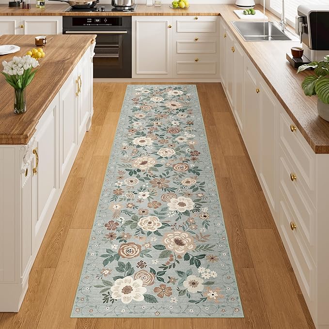 DUKINO 2x8 Runner Rug for Hallway, Washable Kitchen Runner Rug with Rubber Backing Non Slip, Low Pile Soft Boho Floral Thin Carpet for Entryway, Hallway, Bathroom, Laundry Room, Sage Green