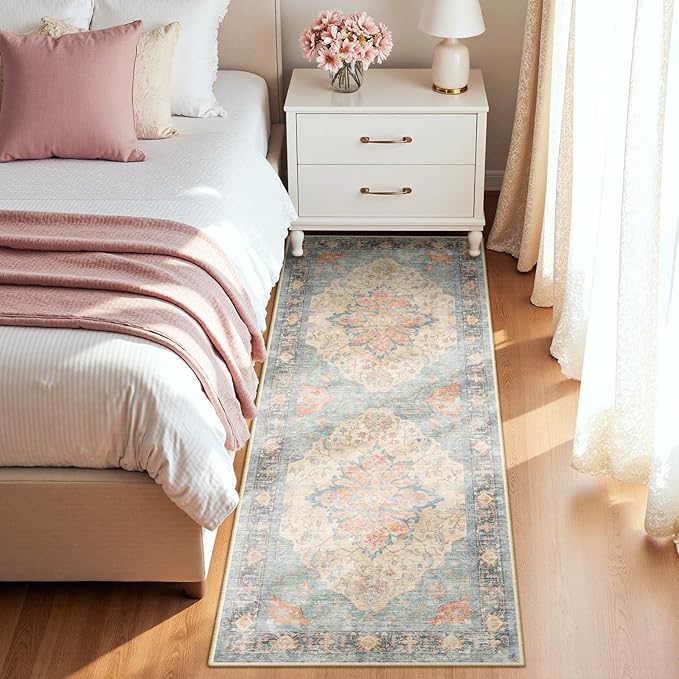 RELEANY Area Rugs Runner 2'x5' Washable Non-Slip, Floral Vintage Distress Medallion Carpet for Kitchen Hallway Bedroom Beside Laundry Room Bathroom, Blue Orange Red