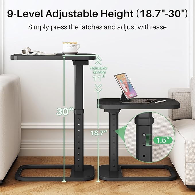 Kitstorack TV Tray Table, Adjustable Height & Rounded Metal Corners, Snack Table for Couch, Sofa, Bed, Chair, Living Room, C Shaped End Side Table for Eating, Dinner or Laptop, Small Spaces, Black