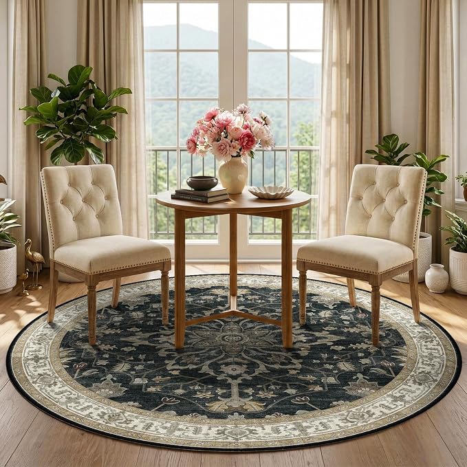 RELEANY Area Rugs Round 5ft Washable Non-Slip, Floral Vintage Distress Medallion Carpet for Living Room Bedroom Dining Room, Vintage Black Brown Neutral
