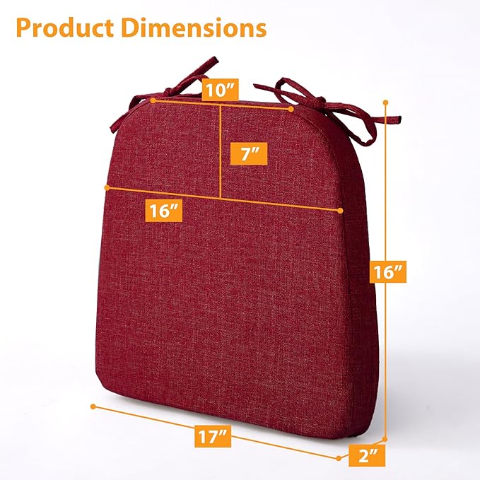 Ruqmuis Chair Cushions for Dining Chairs, 2" Thick Seat Cushions for Kitchen Chairs, D-Shaped Chair Pads with Washable Cover, Ties and Non Slip Backing, 17'' x 16'', Set of 2, Red