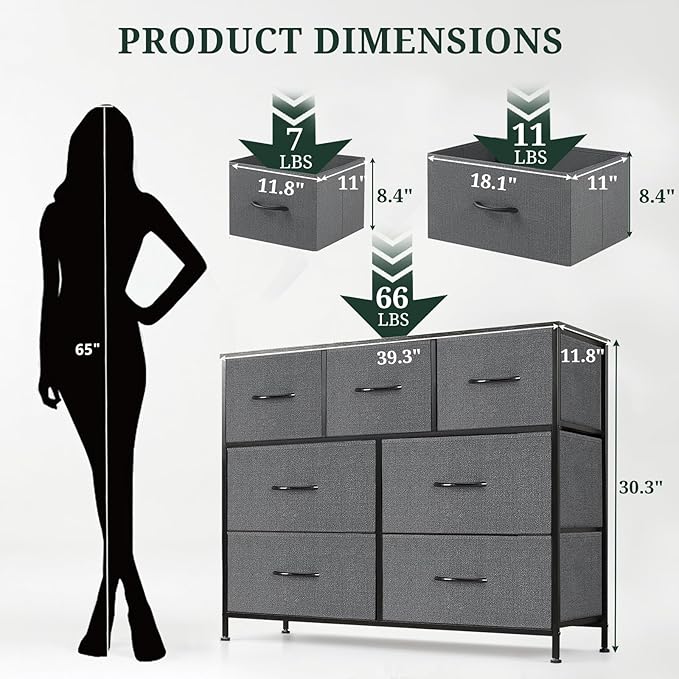 7-Drawer Dresser for Bedroom, Anti-Tip Wide Storage Organizer Fabric Chest of Drawers TV Stand for 45" TV with Wooden Top and Metal Frame for Closet, Living Room, Hallway, Entryway, Gray
