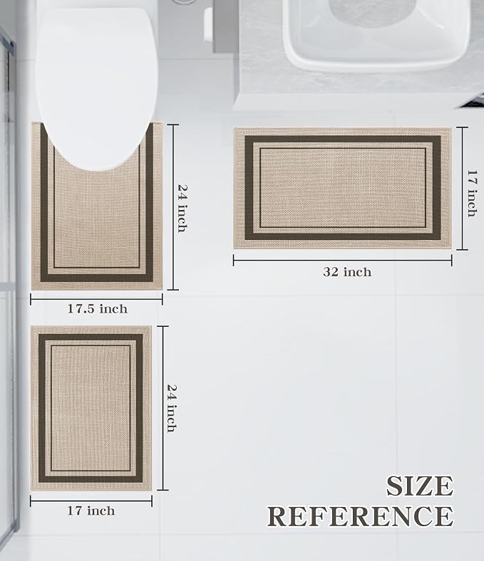 chakme Bathroom Rug Sets 3 Piece, Ultra Thin Bath Mat Absorbent, Non Slip, Machine Washable, Light Beige, 17" x 24" / 17" x 30" / 17" x 59