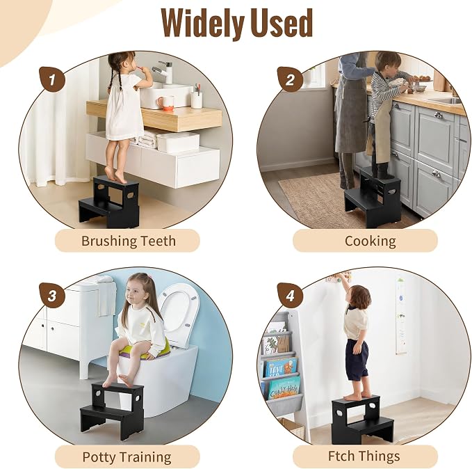 Two Step Stool for Adults and Kids, 450lbs Heavy Duty Step Stool, Bamboo Step Stool for High Beds, Portable Helper Step Stairs for Kids, for Kitchen, Bathroom, RV, Bedside Step Stool, Black