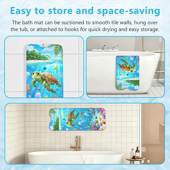 Kids Bath Mat for Tub Non Slip – 40"x16" Cute Cartoon Turtle Baby Bathtub Mats, Machine Washable, Extra Long Tub Mats with Suction Cups & Drain Holes Non Slip Baby Shower Mat for Toddler Bath(Turtle)