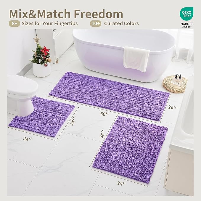 Bathroom Rugs Non Slip Washable 55x24, Extra Thick Soft Chenille Absorbent Bath Mat, High Density Barrier Non Slip Backing, Quick Dry Plush Shaggy Floor Carpet for Tub&Shower, Purple