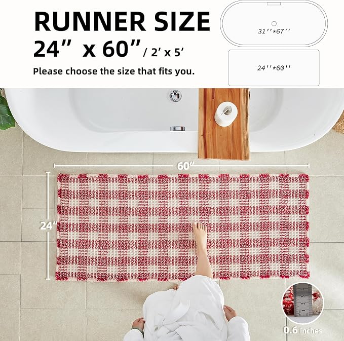 TYUU Waffle Runner Rug Bathroom, Long Boho Christmas Bathroom Rugs Non Slip Washable Absorbent Checkered Bathroom Mat Quick Dry Cute Bath Mat, 60"x24" Red and White