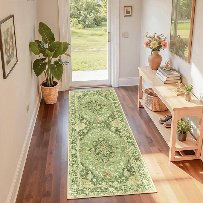 RELEANY Area Rugs Runner 2'x6' Washable Non-Slip, Floral Vintage Distress Medallion Carpet for Kitchen Hallway Bedroom Beside Laundry Room Bathroom, Sage Green Yellow