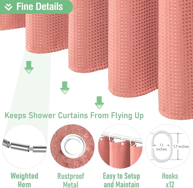 Dynamene Long Fabric Shower Curtain - 78 inch Long Waffle Weave Weighted Cloth Shower Curtains for Bathroom, Neutral Heavy Duty Hotel Spa Luxury Bath Curtain Set with 12 Hooks, 72x78, Coral