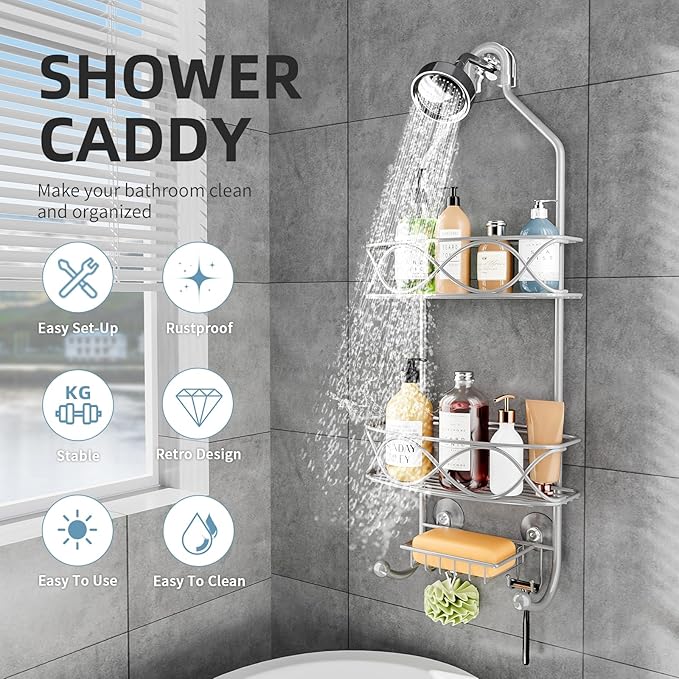 GAOKASE Shower Caddy Hanging 3 Tier with Two Movable Baskets, Grey Shower Caddy with Hooks for Towels, Sponge and More