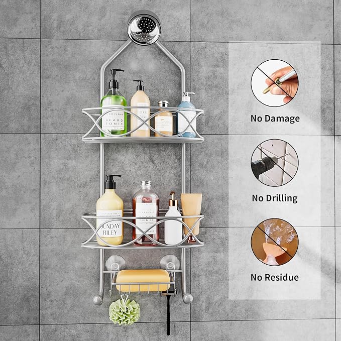 GAOKASE Shower Caddy Hanging 3 Tier with Two Movable Baskets, Grey Shower Caddy with Hooks for Towels, Sponge and More