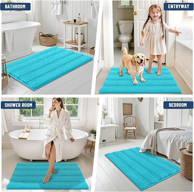 Grandaily Chenille Striped Bathroom Rugs 36x24, Extra Thick and Soft Absorbent Bath Mats, Rubber Backing, Plush Shaggy Shower Carpet, Machine Wash Dry, Bath Rug for Bathroom, Aqua Sky