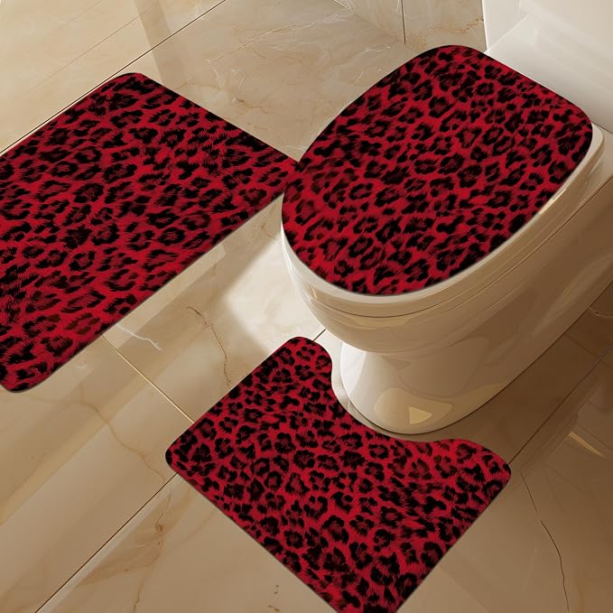 4 PCS Black Red Leopard Print Shower Curtain Set 72Wx72H,Toilet Lid Cover,Non-Slip Rugs and U-Shaped Mat,Wild Cheetah Bathroom Sets with Rugs with 12 Hooks for Bathroom Decor