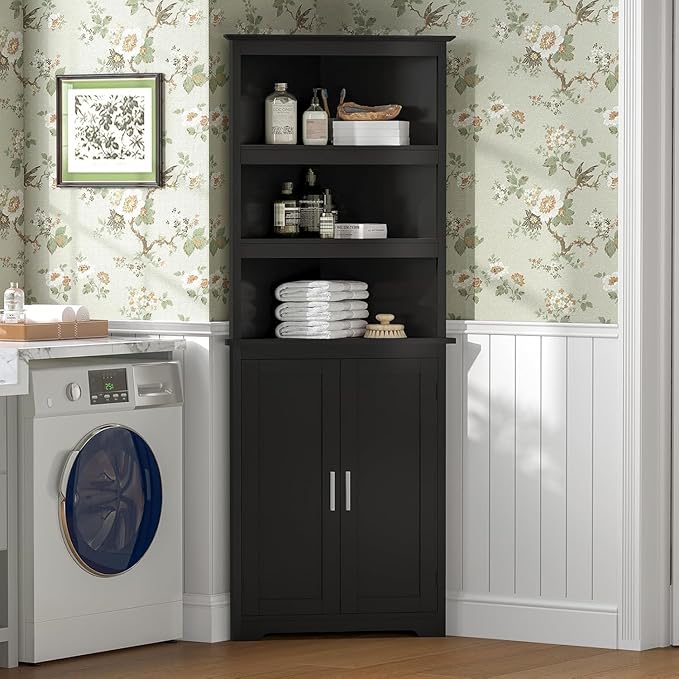 TEENFON Corner Cabinet, Tall Corner Hutch with 5 Shelves & 2 Doors, Bathroom Cabinet with Adjustable Shelf, for Living Room, Kitchen, Bathroom, Black