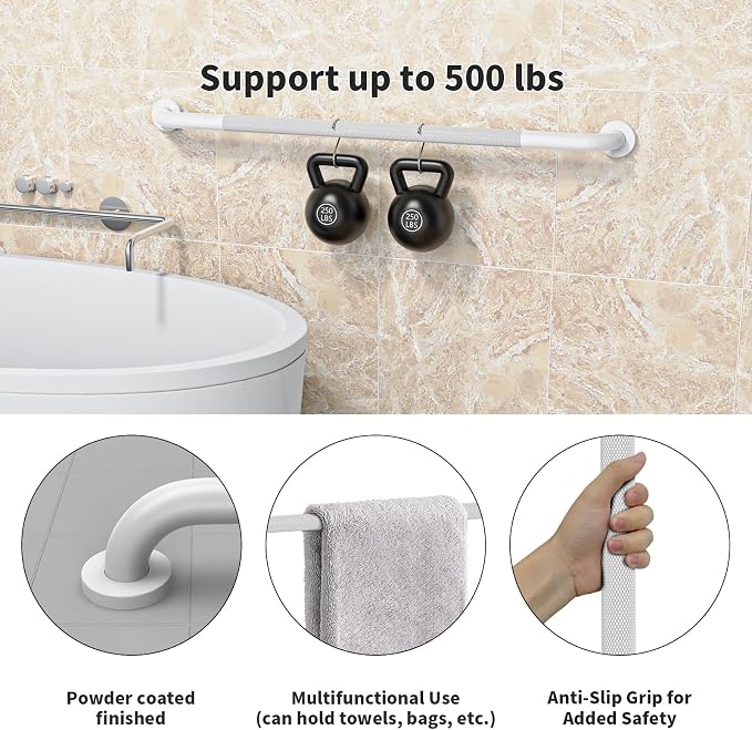 White Grab Bar 40 Inch, iHansee Anti-Slip Bathroom Grab Bar w/Knurled Grip, Stainless Steel Safety Handrail for Toilet Bathtub Shower, Wall Mounted Handicap Bars Handle for Senior Elderly
