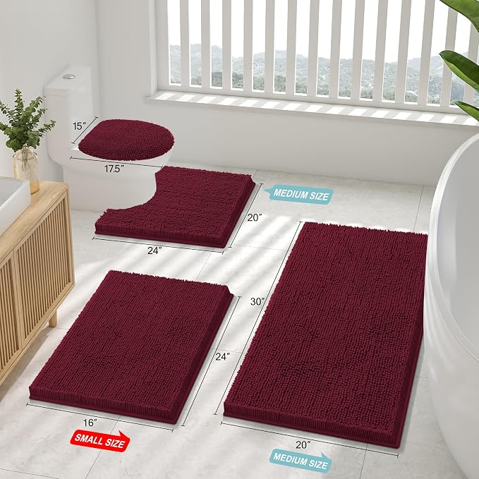 Smiry Luxury Chenille Bathroom Rugs 71x47, Extra Soft and Absorbent Shaggy Bath Mat, Machine Washable, Non-Slip Plush Carpet Runner for Tub, Shower, and Floor, Home Decor Accessories, Burgundy
