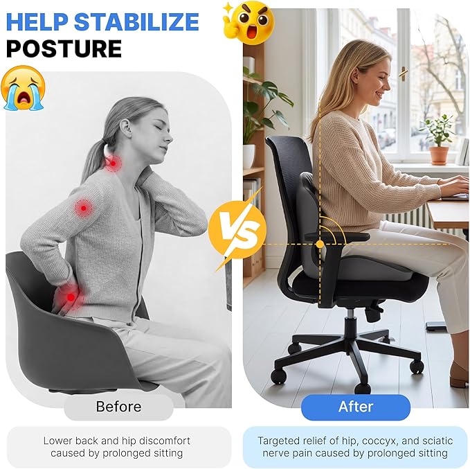 Ergonomic Seat Cushion, Office Chair Seat Cushions with L-Shaped Integrated Design, Memory Foam Orthopedic Cushion with Coccyx Hollow, Lumbar Support & Tailbone Pain Relief for Long Sitting (Grey)