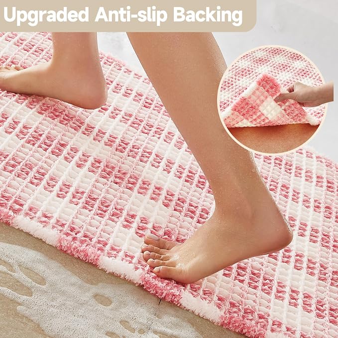TYUU Waffle Bath Mat, Boho Bathroom Rugs Non Slip Washable Absorbent Checkered Bathroom Mat Quick Dry Cute Bath Mat, 30"x20" Pink and White