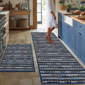 Kitchen Rugs Sets of 2-Non Slip Kitchen Mats for Floor-Thick Stain Resistant Vintage Kitchen Floor Mat Runner Carpet for Hallways Entryway Laundry Room Washable（Navy Blue 22"x59"+20"x32"）