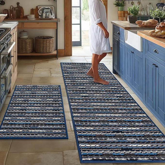 Kitchen Rugs Sets of 2-Non Slip Kitchen Mats for Floor-Thick Stain Resistant Vintage Kitchen Floor Mat Runner Carpet for Hallways Entryway Laundry Room Washable（Navy Blue 22"x59"+20"x32"）