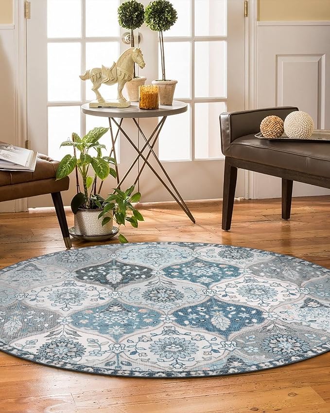 Lahome Moroccan Washable Round Rug, Soft Vintage Small Round Rug 3ft Non-Slip, Ultra-Thin Distress Circle Carpet for Entryway Bathroom Bedroom Kitchen Elise, Blue