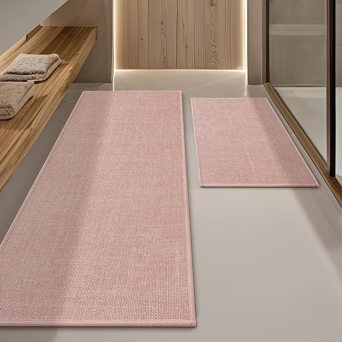 YIHOUSE Pink Bathroom Rug Set, 2 Piece, 17"x24" + 17"x47", Non-Slip, Quick Dry, Machine Washable, Modern Style, Bath Mat