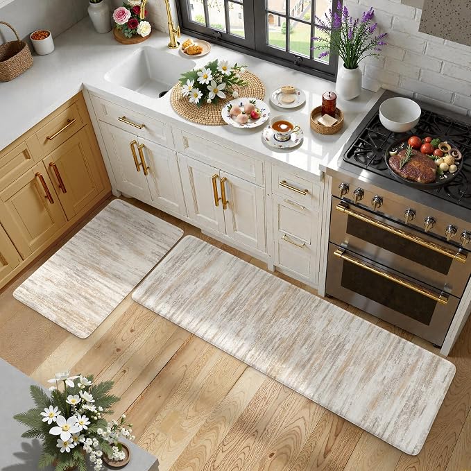 KIMODE Anti Fatigue Kitchen Mats for Floor, Farmhouse Brown Kitchen Rugs Sets of 2, Summer Cushioned Kitchen Floor Mats, Comfort Standing Mats for Sink Laundry Office Desk 20"x59"+20"x32"
