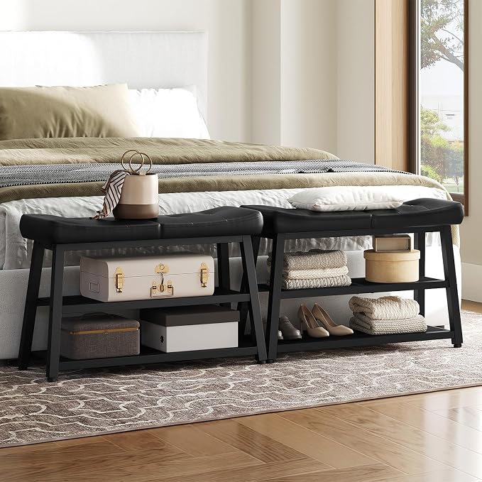 YATINEY Shoe Bench, 3-Tier Shoe Rack, Entryway Bench with Storage and Cushion, for Hallway, Foyer, Bedroom, Black HX02BB