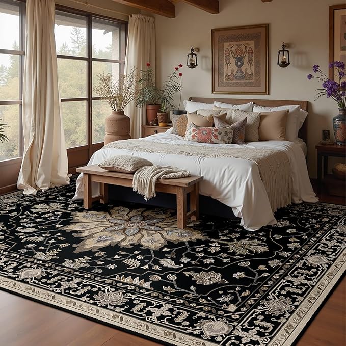 RELEANY Area Rugs 5'x8' Washable Non-Slip, Floral Vintage Distress Medallion Carpet for Living Room Bedroom Dining Room, Black Brown Neutral Dark Tan
