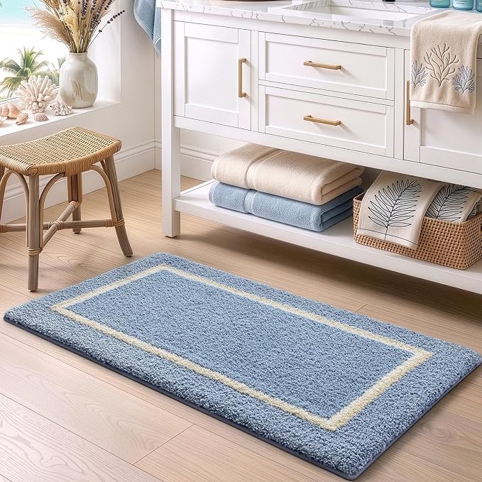 DEXI Bathroom Rugs 32x20, Absorbent Extra Soft Plush Microfiber Bath Mat for Bathroom, Non Slip Washable Bathmat Quick Dry for Shower Floor, Sink, Tub, Laundry Room, Light Blue