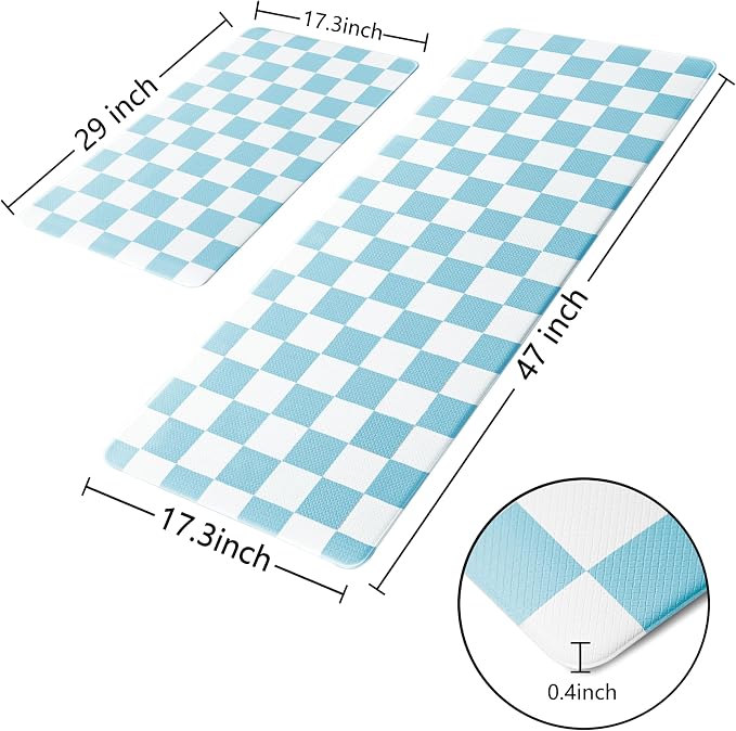 Sky Blue Checkered Grid Checkerboard Kitchen Rug Sets [2 PCs], Anti-Fatigue, Waterproof Non-Slip Kitchen Mats Heavy Duty Ergonomic Comfort Foam Rug for Floor, Home, Laundry,17"x29"+17"x47"