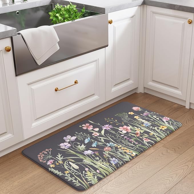 KIMODE Anti Fatigue Kitchen Mat for Floor, 17.3"x29" Farmhouse Kitchen Rug Non Skid, Cushioned Padded Kitchen Floor Mat, Comfort Standing Mat for Laundry, Office, Sink, Desk Dark Grey/Purple