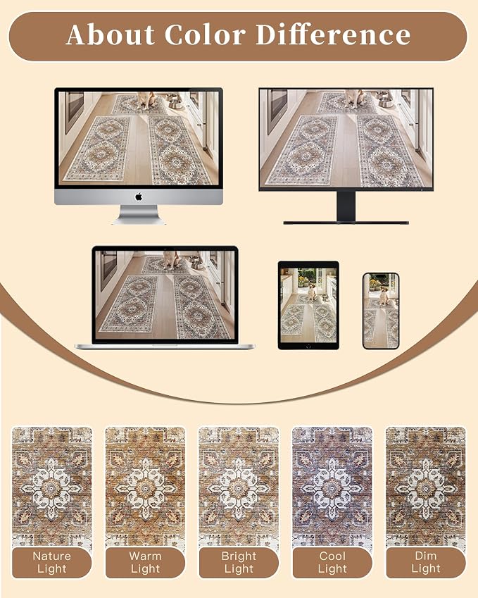 Madane 2-Piece Kitchen Runner Rug Set, Small Area Rug Non-Slip Vintage Door Mat Indoor Entrance, Low Pile Floor Carpet for Inside Front Door Bedroom Entryway Entry Laundry (2x3+2x4, Turmeric/Grey)