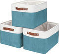 Bagnizer Storage Bins Large Fabric Storage Baskets for Shelves 3 Pack, Decorative Linen Closet Baskets with Handles for Organizing, Shelf, Clothes, Home, Office, 15x11x9.5Inches (Teal&White)