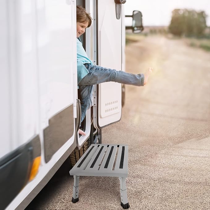 Adjustable Height Aluminum RV Step, Stable Foldable Platform Step Stool, Supports Up to 1,000 lb, Non-Slip Rubber Feet and Platform Mat, Easy to Carry (Silver)