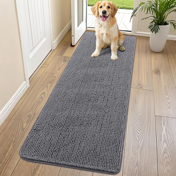 Smiry Dog Door Mat for Muddy Paws 70x24, Absorbent Dirt Trapper, Non-Slip Washable Chenille Entryway Rug for Inside Floor, Dark Grey, Classic Solid