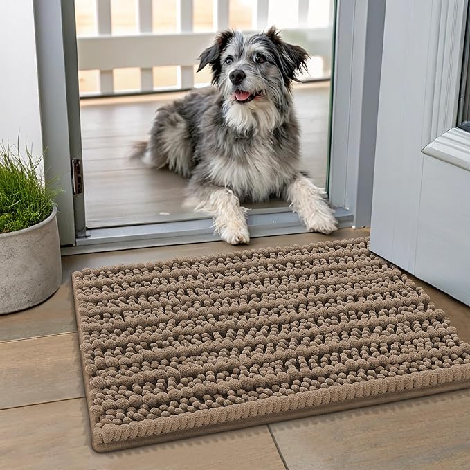 Smiry Dog Door Mat for Muddy Paws 24x16, Absorbent Dirt Trapper, Non-Slip Washable Chenille Entryway Rug for Inside Floor, Camel, Layered Pattern