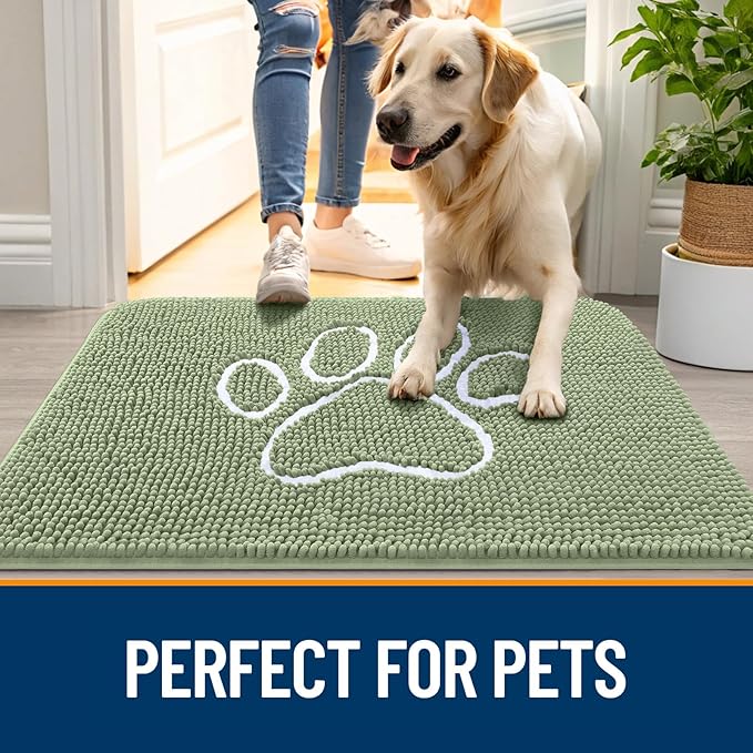 OLANLY Dog Door Mat for Muddy Paws 32x20, Paw Print Design, Absorbs Moisture and Dirt, Non-Slip Washable Doormat, Quick Dry Chenille Mud Mat for Dogs, Entry Indoor Entryway Carpet, Sage Green