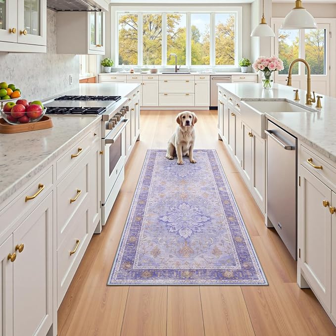 RELEANY Area Rugs Runner 2'x5' Washable Non-Slip, Floral Vintage Distress Medallion Carpet for Kitchen Hallway Bedroom Beside Laundry Room Bathroom, Light Purple Brown
