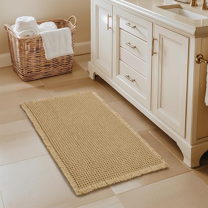 SUBRTEX Waffle Braided Bath Mat, 24" x 36" Soft Waffle Bath Rugs, Absorbent Non Slip Bathrooom Mats, Machine Washable Area Rug for Bathroom, Quick Dry, Khaki