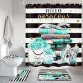 4Pcs Black and Teal Shower Curtain Set,Modern High Heels Striped Magazine Book Bathroom Curtain with Rug, Toilet Lid Cover, Bath Mat,Floral Flower Perfume Shower Curtain with 12 Hooks