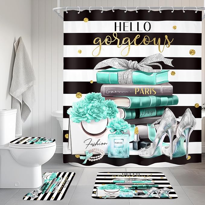 4Pcs Black and Teal Shower Curtain Set,Modern High Heels Striped Magazine Book Bathroom Curtain with Rug, Toilet Lid Cover, Bath Mat,Floral Flower Perfume Shower Curtain with 12 Hooks