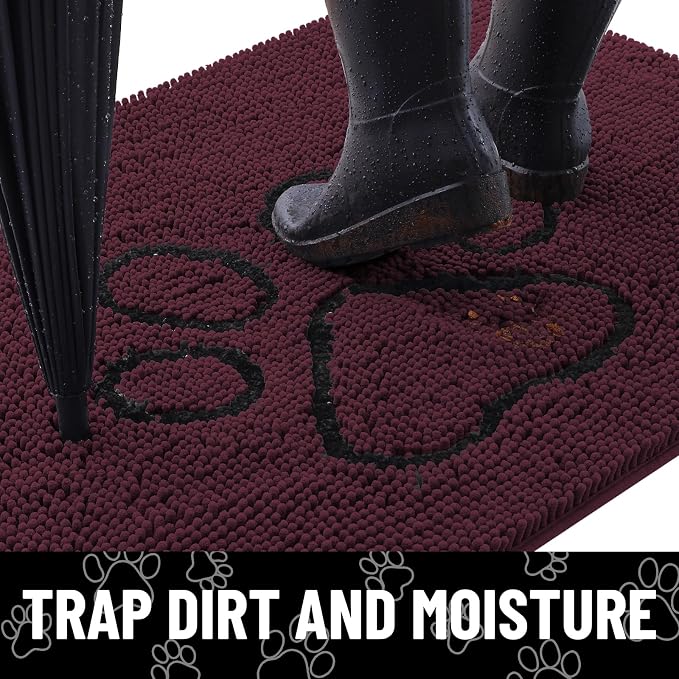 Smiry Dog Door Mat for Muddy Paws, Absorbent Dirt Trapper Non Slip Quick Dry Washable Chenille Mat for Mud Dogs, Entry Rug for Indoor and Outdoor (36x24 Inches, Russet and Black)