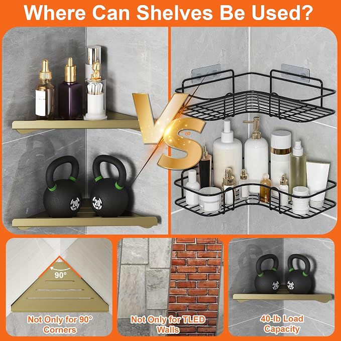Corner Shower Shelves, 2-Tier Triangle Gold Shower Candy, 304 Stainless Steel Corner Shelf Will not Rust, Wall Mounted Caddy Shelves Easy to Install,Bathroom Storage Shelf for Toilet