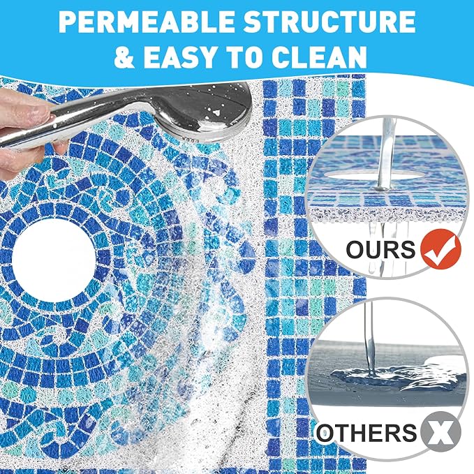 Square Shower Mat Non Slip: 32 x 32 Inch Extra Large Shower Mats with Drain Hole in Middle - PVC Loofah Anti Slip Shower Floor Matt for Inside Shower