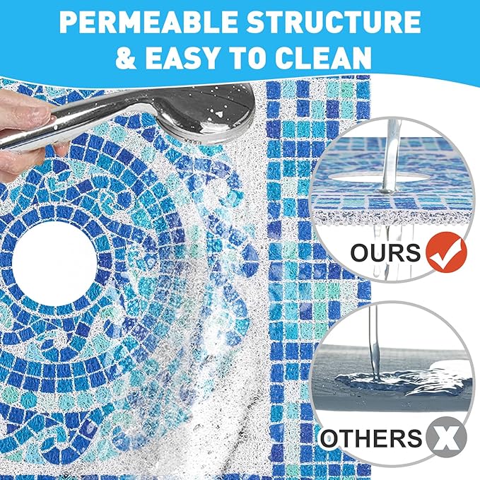 Square Shower Mat Non Slip: 36 x 36 Inch Extra Large Shower Mats with Drain Hole in Middle - PVC Loofah Anti Slip Shower Floor Matt for Inside Shower