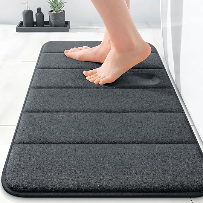 OLANLY Memory Foam Bath Mat 24x16, Super Soft Absorbent Bathroom Rugs, Quick Dry, Machine Washable Shower Floor Rugs, Bathmat Carpet, Bathroom Home Decor Accessories, Dark Gray