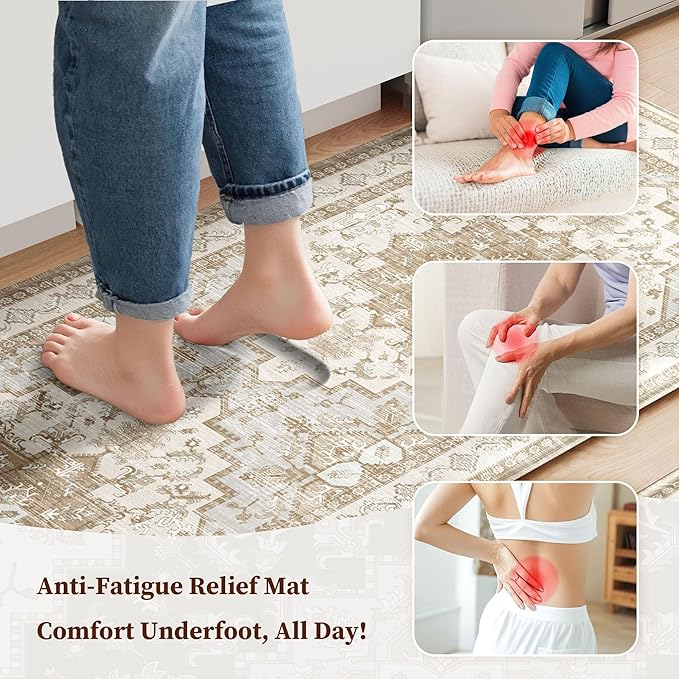 Boho Kitchen Mats for Floor 2 Piece Set Anti Fatigue Cushioned PVC Kitchen Rugs Non Slip Waterproof Farmhouse Mats 2/5 Inch Comfort Standing Mat for Sink, Laundry, 23.6"x39"+23.6"x59",C4